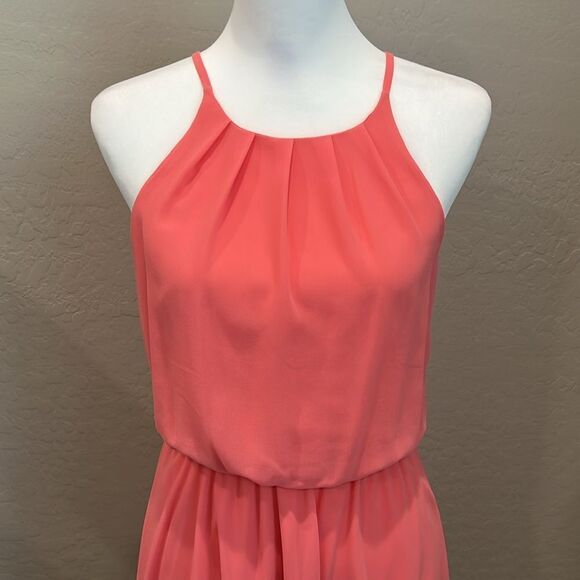 Blue Rain Short Dress Coral/Orange Halter Neck Spaghetti Strap Elastic Waist S - Picture 2 of 12